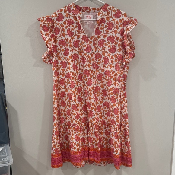 Victoria Dunn Dresses & Skirts - Victoria Dunn Pink Orange Floral flutter sleeve tunic shift dress cottagecore
